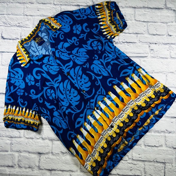 Corona Extra Other - Corona Extra Mens XXL Blue Tropical Beer Bottle Print Rayon Button Up Shirt